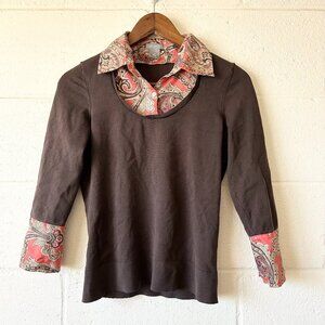 Ann Taylor Brown Paisley Floral Long Sleeve Collared Blouse Shirt Women's XS